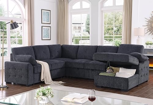L-Shaped Pull Out Sleep Sofabed,Modern Reversible Sleeper Sectional Sofa Chenille Upholstered Button Tufted Decor with Storage Chaise