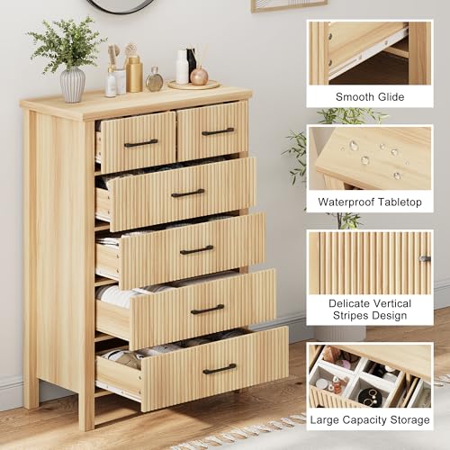 Fluted 6 Drawers Dresser for Bedroom, Tall Boho Chest of Drawers with Metal Handle, Wooden Closet Clothes Storage Organizer for Living Room