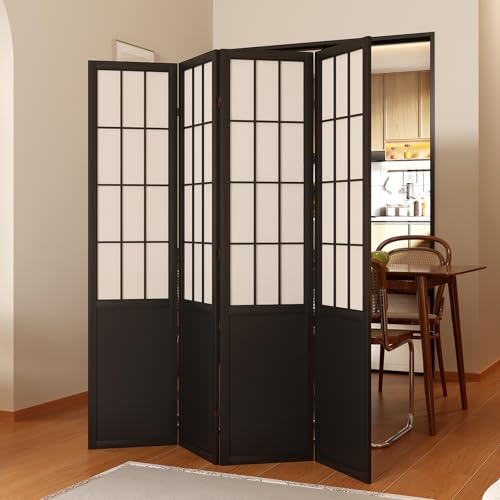 Room Divider, 66.9Inch Tall Japanese Shoji Style Folding Wood Screen with Double Hinges for Home Office Bedroom Hotel Decoration (4Panels, Black)