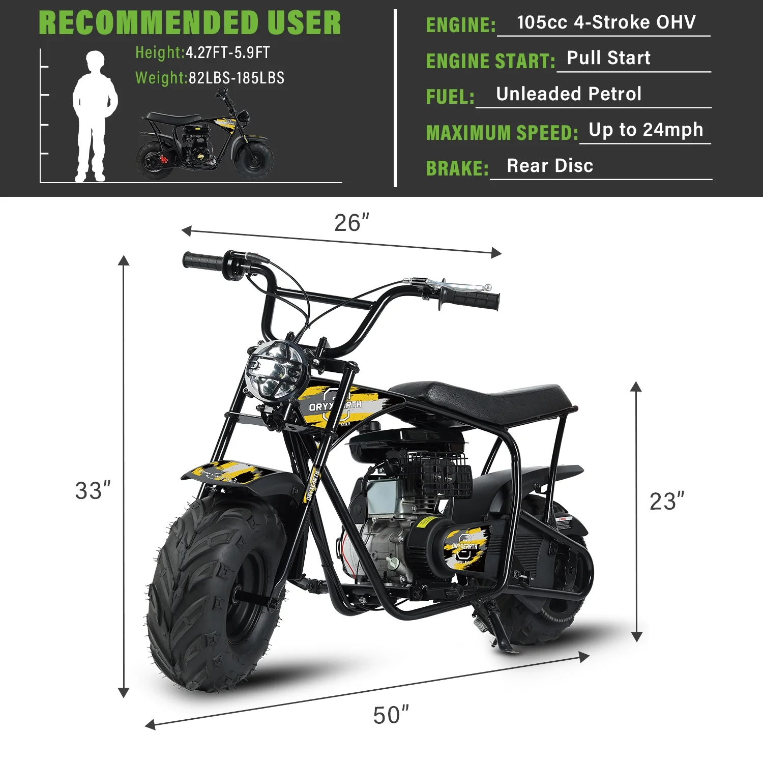 Oryxearth Gas Powered Mini Dirt Bike with Headlight, 105CC 4-Stroke Off-Road Motorcycle
