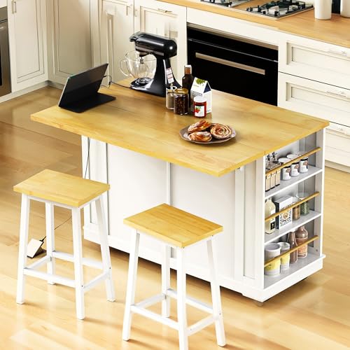 Kitchen Island with Drop Leaf & Power Outlet, Rolling Kitchen Islands Cart with 5 Open Storage Shelves & Towel Rack