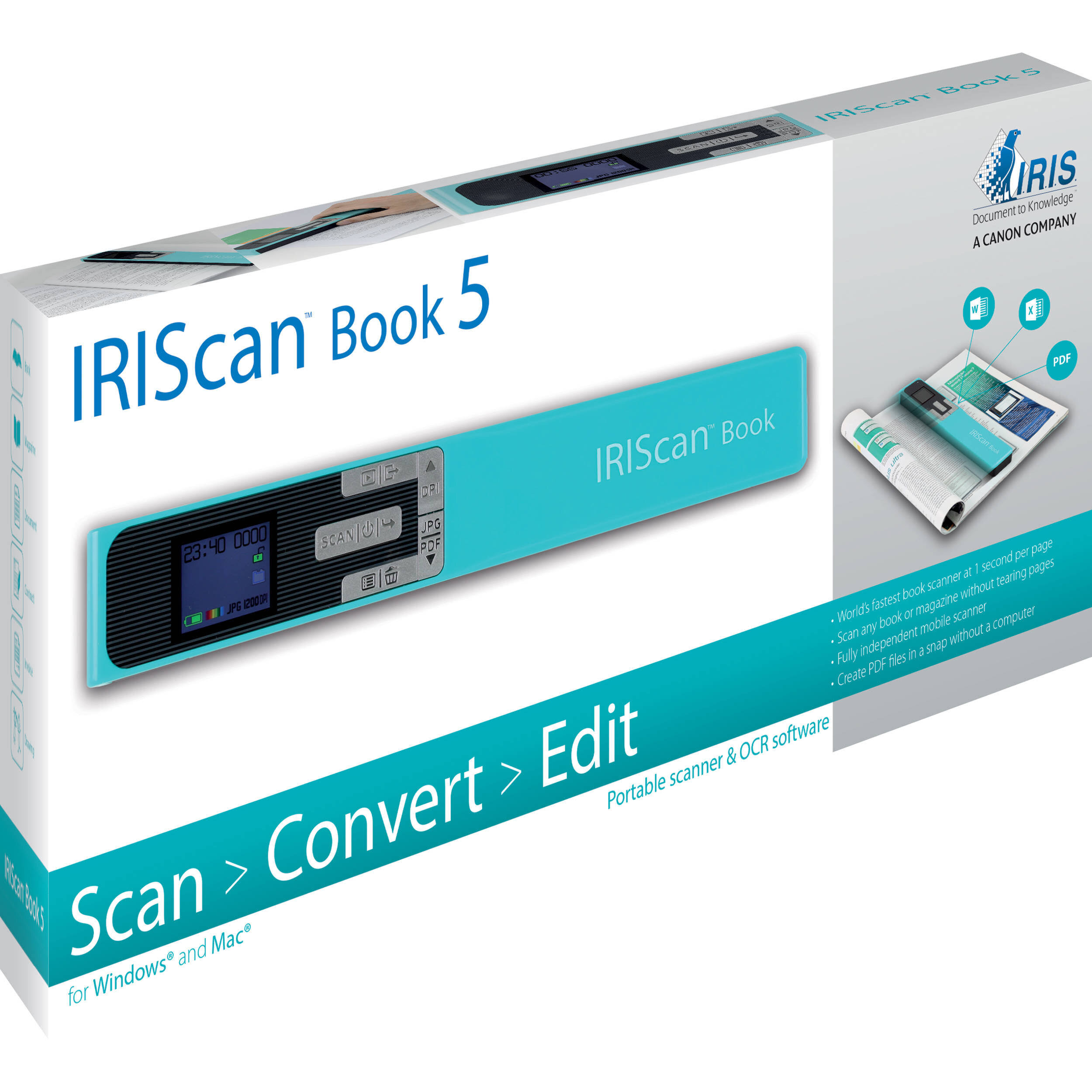 I.R.I.S. IRIScan Book 5 Cordless Handheld Scanner - 1200 dpi Optical - PC Free Scanning - USB - Turquoise