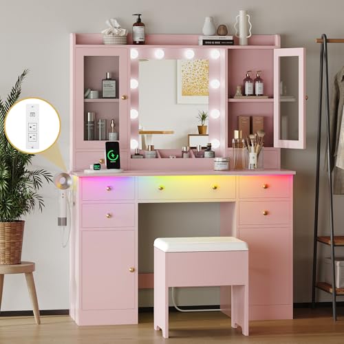 Makeup Vanity Desk with Mirror and Lights, White Vanity Table Set with Storage Drawers, Charging Station, Cabinets & Chair
