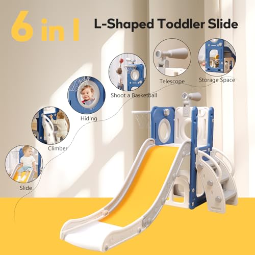 6 in 1 Toddler Playset with Slide, Kids Slide with Basketball Hoop, Ball, Ring Toss, Indoor Outdoor Toys (White Grey)