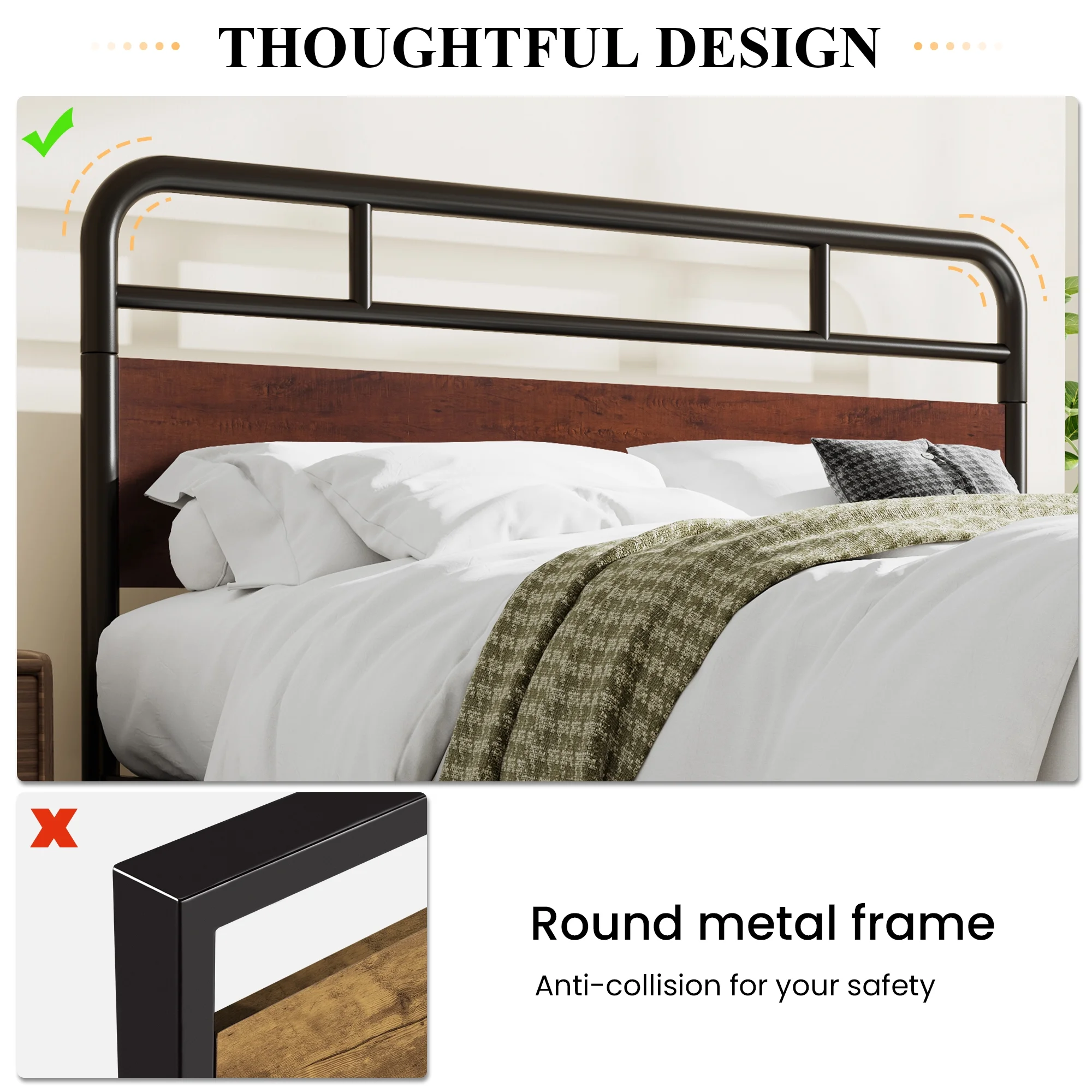 Sha Cerlin Dark Brown Queen Size Metal Platform Bed Frame with Industrial Heavy Duty Wooden Headboard