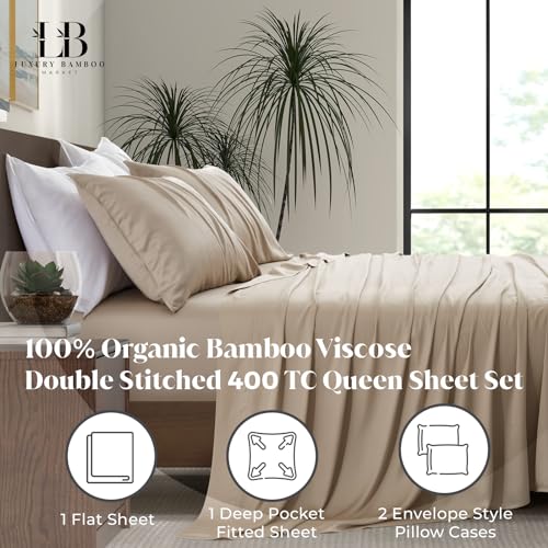Luxury Bamboo Market | Queen Size Bed Sheet Set | 100% Viscose Made from Bamboo | Organically Grown | Ultra Soft | Cooling Sheets for Hot Sleepers |