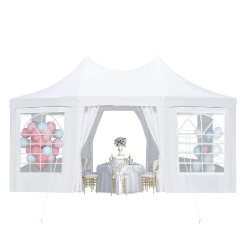EROMMY 26x19ft Party Tent, White Wedding Tent, Decagonal Heavy Duty Canopy with 8 Removable Sidewalls, 8 Church Windows and 2 Pull-Back Doors
