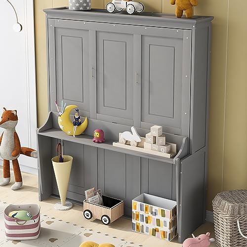 Morhome Queen Size Murphy Bed with Rotatable Desk and Storage Shelves