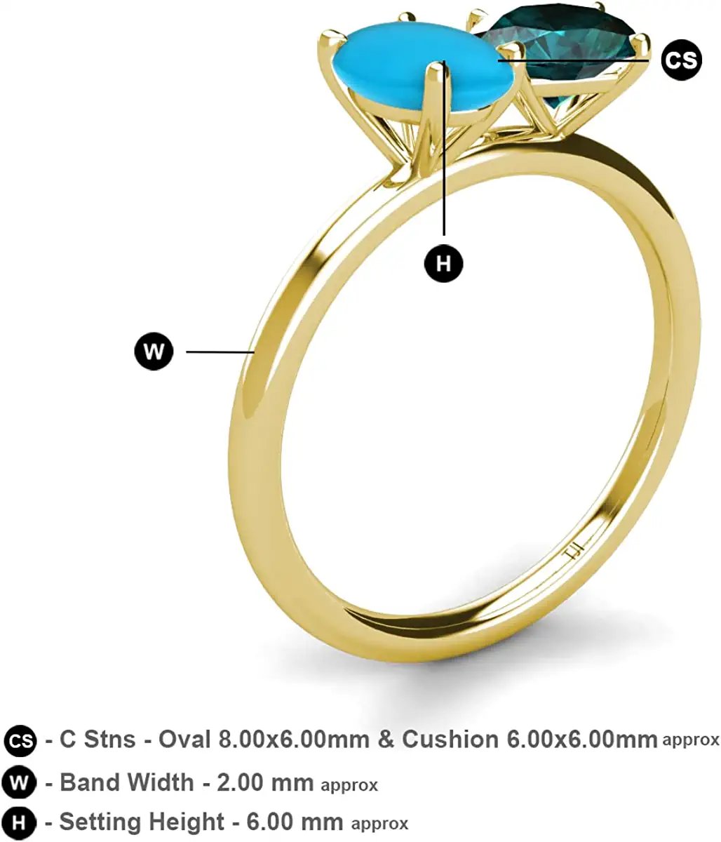 Oval Turquoise & Cushion London Blue Topaz 2 1/3 ctw Four Prong Women 2 Stone Duo Engagement Ring 10K Yellow Gold-6.5