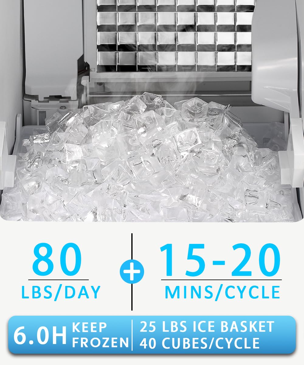 Joy Pebble Commercial Cube Ice Maker，Built-in Ice Maker Machine, 80lbs/Day, 40 ice Cubes/Cycle, Reversible Door, Drain Pump
