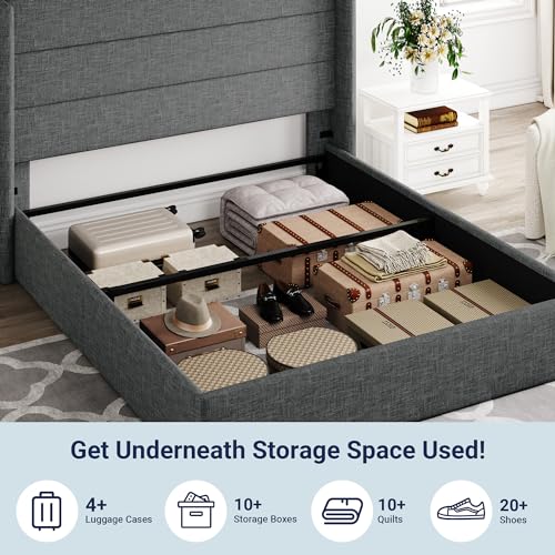 Allewie Full Size Lift Up Storage Bed, Modern Wingback Headboard, Hydraulic Support, No Box Spring Needed, Light Beige