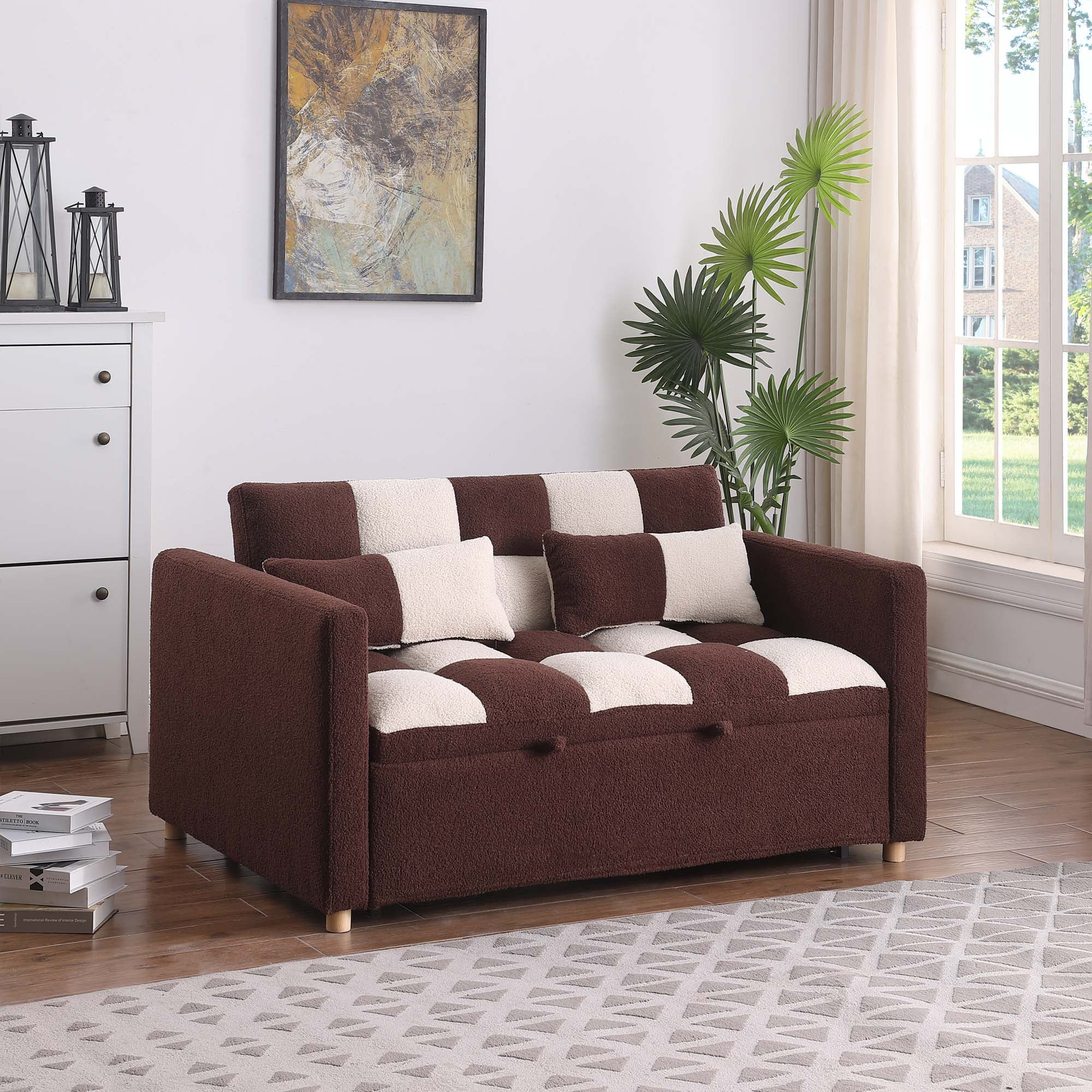 Zechuan 3 in 1 Pull Sleeper Sofa Bed, Small Teddy Convertible Futon Couch Bed with Adjustable Backrests, Modern Loveseat with 2 Pillows