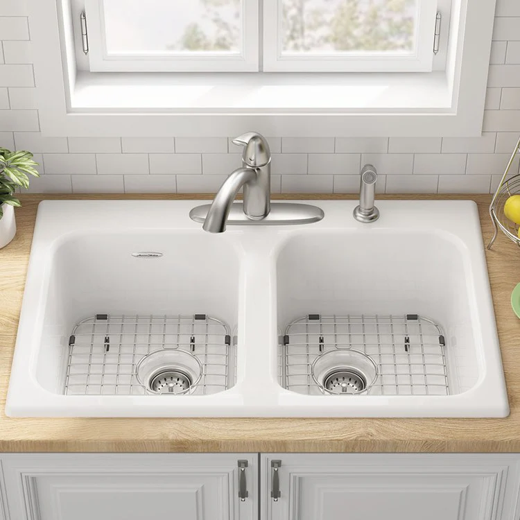 Quince 33" Equal Double Bowl Cast Iron Drop-In Kitchen Sink with 4 Holes