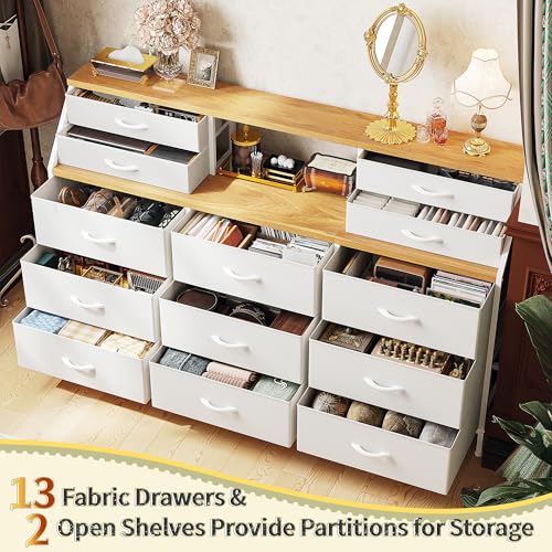 55" W Dresser for Bedroom, Dressers & Chests of Drawers with 13 Fabric Drawers and 2 Open Shelves, Long Vanity Dressers for Bedroom & Closet