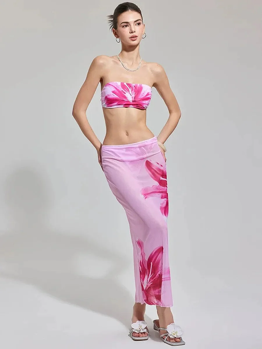 'Petal Potion‘ Y2k Pink Summer Beach Core Flower Bikini Set With Midi Skirt