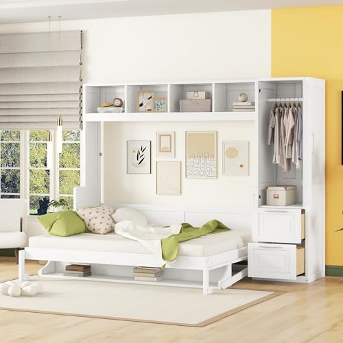 Harper & Bright Designs Queen Size Murphy Bed Wall Bed with Closet and Storage Drawers