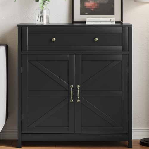 Farmhouse Storage Cabinet with 2 Doors, White Kitchen Cabinet with Walnut Countertop, Freestanding Floor Storage Cabinets Hutch Cupboard
