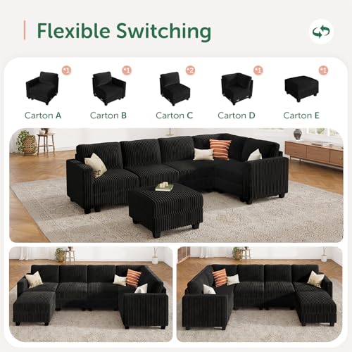 HONBAY Corduroy Modular Sectional Couch with Storage L-Shaped Sectional Couches for Living Room 6 Seater Modular Sofa, Dark Gray