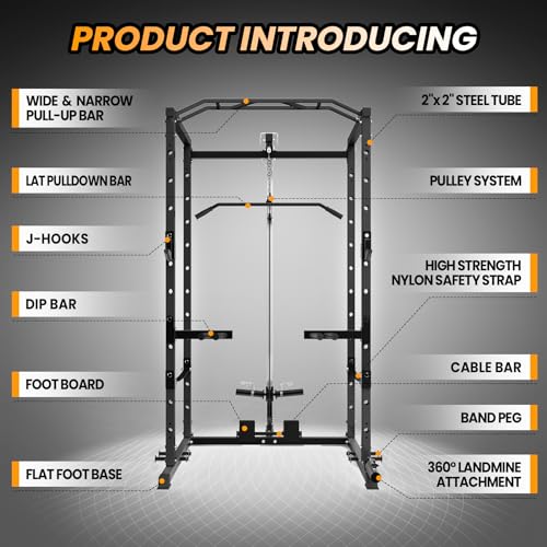 Power Cage with LAT Pulldown, Multi-Functional Power Rack with Cable Pulley System and J-Hooks, Squat Rack with Dip Bars and Landmine Attachment