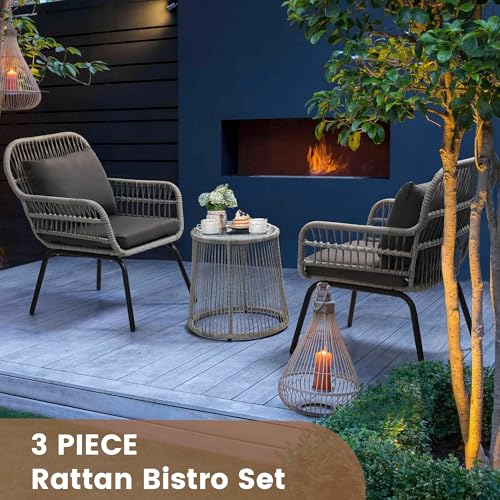 3 Piece Rattan Wicker Bistro Set, Outdoor Conversation Furniture Set with Glass Top Table, Space Saving for Balcony, Backyard, Natural