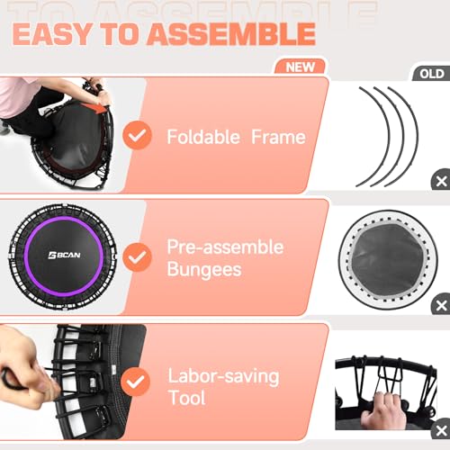 BCAN 450/550 LBS Foldable Mini Trampoline, 40"/48" Fitness Trampoline with Bungees, U Shape Adjustable Foam Handle