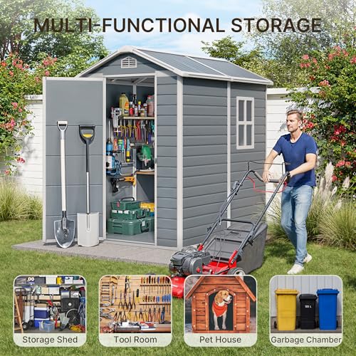 Gizoon 6x4 FT Outdoor Storage Shed with Floor, Resin Garden Tool Shed with Lockable Doors, Window, Vents, Reinforced Steel Frame