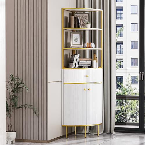 Modern Tall Corner Cabinet, 74.8" Corner Bookshelf with Storage Corner Bookcase with 1 Drawer and 2 Doors