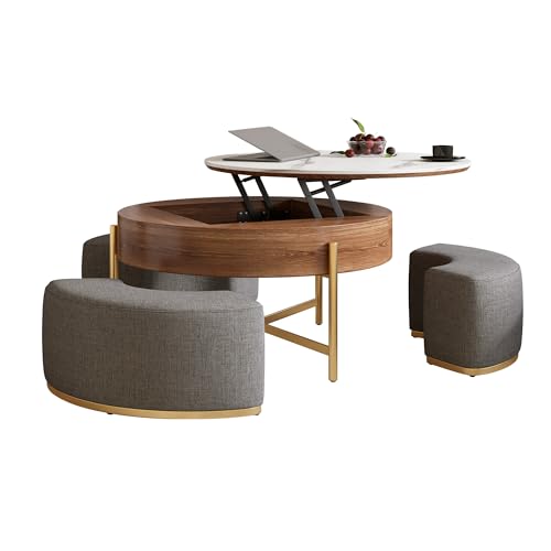 Lift Top Coffee Table with Storage, Round Center Table with Hidden Storage and 3 Upholstered Nesting Ottomans, Space-Saving Design, Brown+Grey