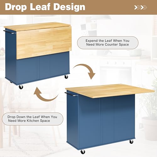 Shintenchi Rolling Kitchen Island Cart with Folding Drop Leaf Breakfast Bar, Portable Trolley Island with Large Storage Cabinet, Shelf and Drawer
