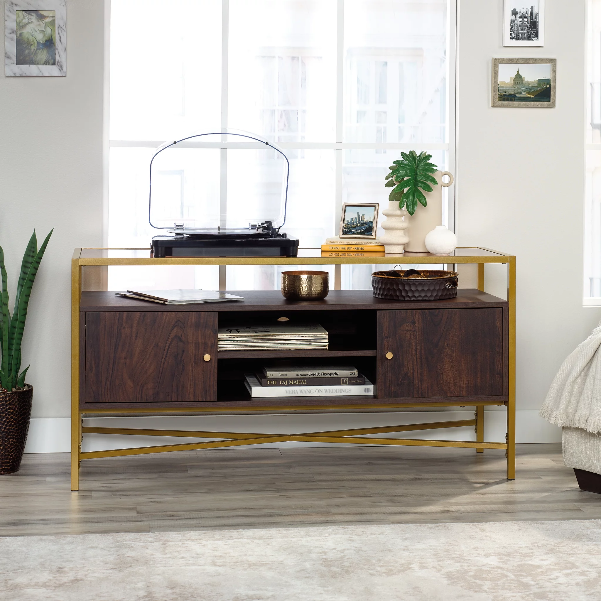 Sauder Harper Heights TV Stand For TVs up to 55", Rich Walnut Finish