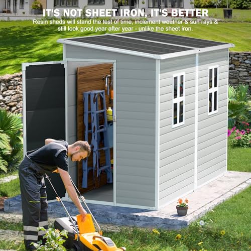 CDCASA 8x6 FT Resin Storage Shed, Waterproof Large Outdoor Sheds with Floor & Lockable Door & 2 Windows, Plastic Tool Shed for Outside, Backyard
