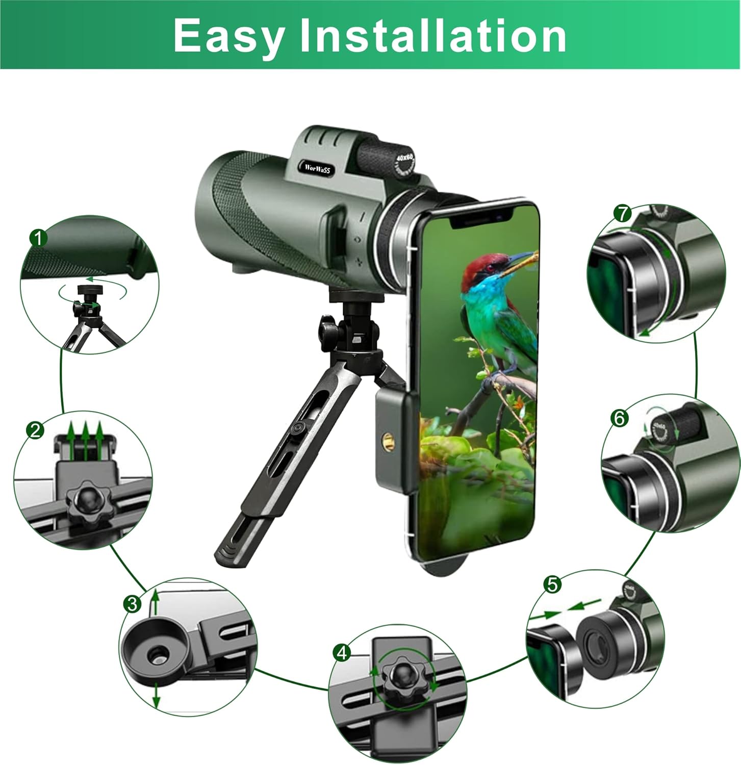 Monocular Telescope for Adults-High Power Low Night Vision-BAK4 Prism-HD Monoculars for Smartphone Holder-Upgraded Tripod-for Bird Watching Hunting