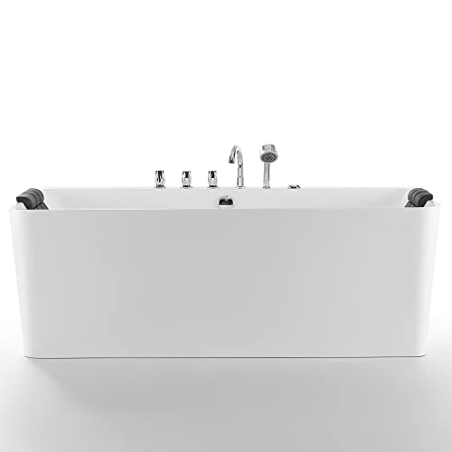 Empava 59-Inch Freestanding Whirlpool Bathtub Rectangular with 8 Hydromassage Adjustable Water Jets Luxury Acrylic Massage SPA Soaking Bath Tub
