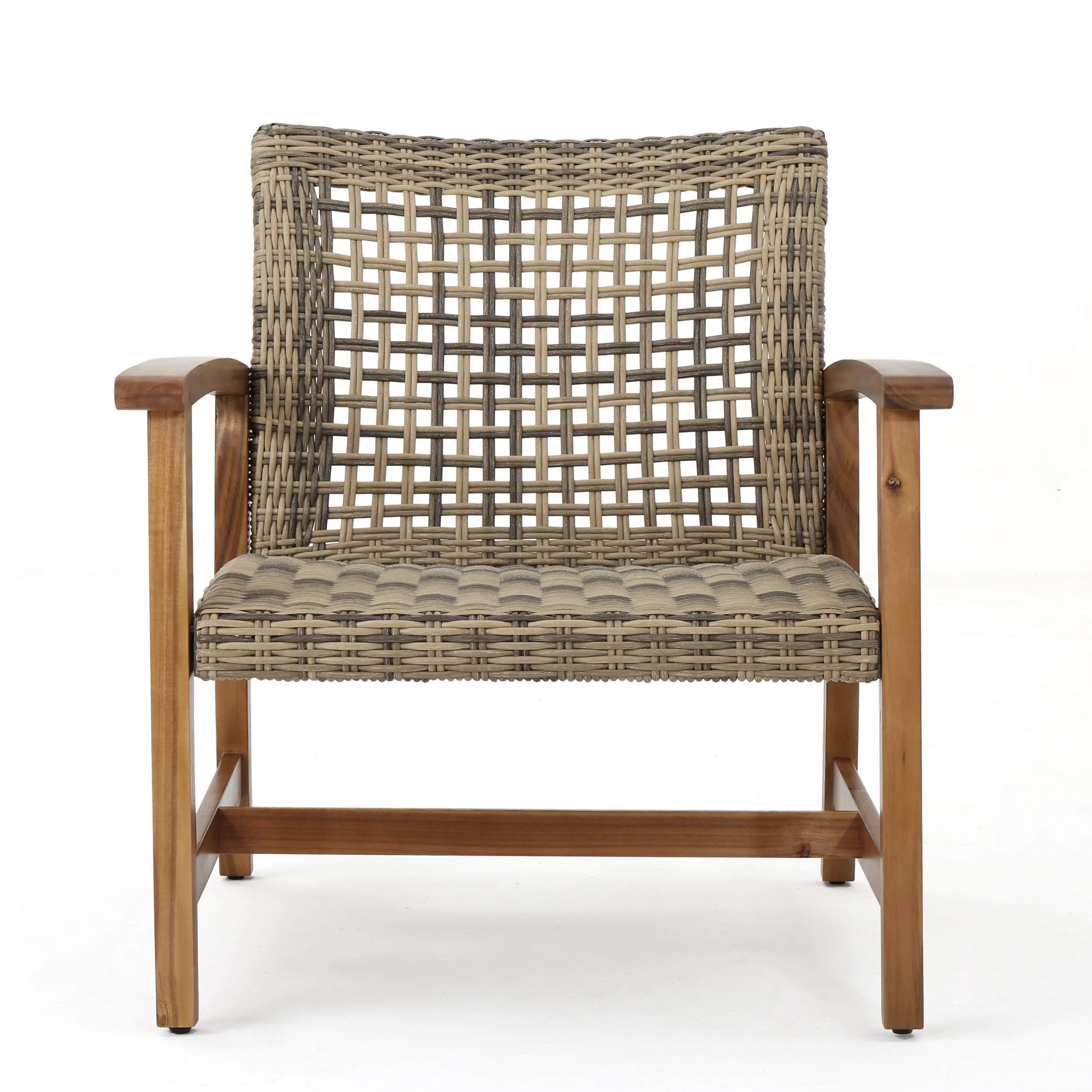 Outdoor Mid Century Wicker Club Chairs with Natural Stained Acacia Wood Frame, Grey