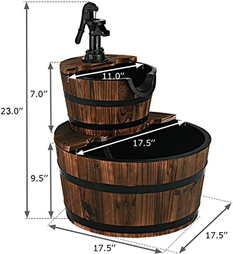 Giantex 2-Tier Barrel Waterfall Fountain Outdoor, Rustic Wood Barrel Cascading Water Fountain with Electric Pump
