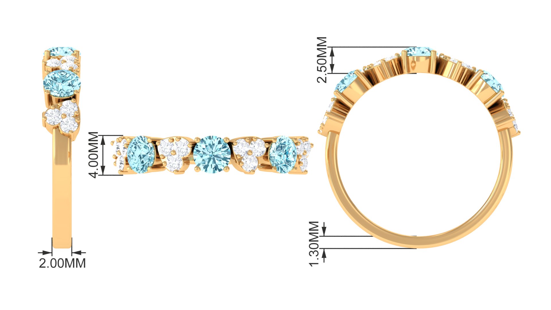 Aquamarine Half Eternity Ring with Diamond, Natural Aquamarine Heart Ring for Women - March Birthstone, 925 Sterling Silver, US 6.50