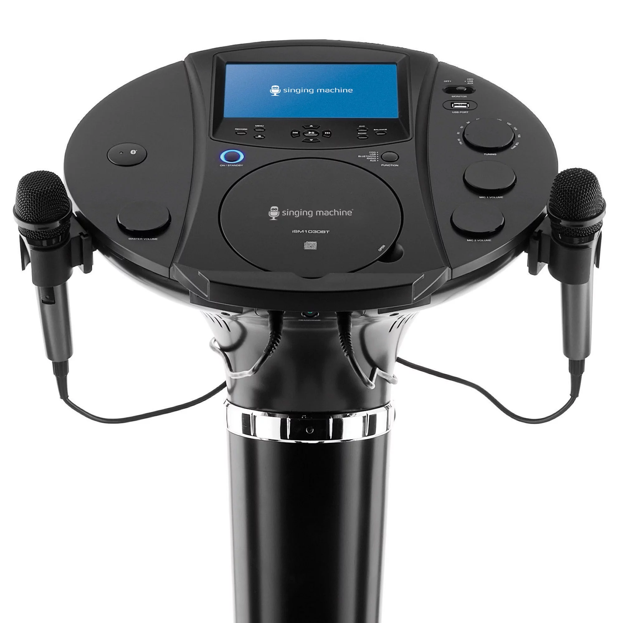 Singing Machine ISM1030BT Bluetooth Pedestal Karaoke System with Resting Tablet Cradle and 7"LCD Color Monitor and Two Microphones, Black
