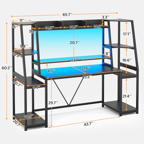 SEDETA Gaming Desk 78.8'' with LED Lights, Hutch and Storage Shelves, Computer Desk with Monitor Stand, Large PC Gamer Desk Workstation