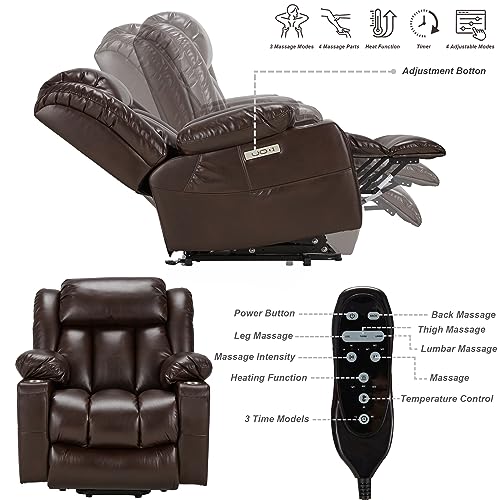 Large Power Lift Recliner Chair Genuine Leather for Elderly with Massage and Heating Function, Lazy Boy Convertible Chair with Cup Holders, USB Ports