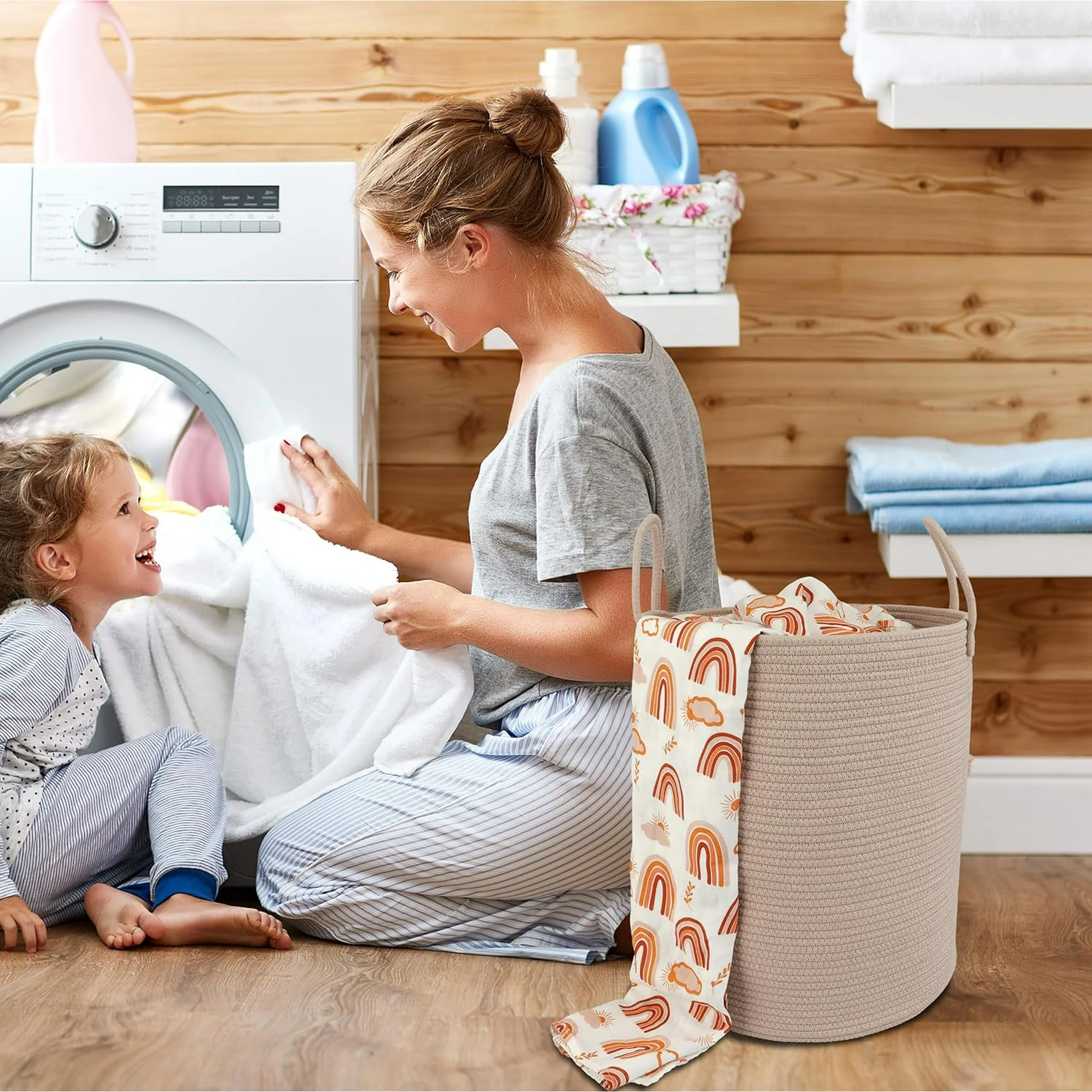 WarmHaven Cotton Rope Laundry Basket Hamper for Clothes Woven Storage Basket for Living Room Bedroom Boho Tall Rope Baskets for Blanket Toys Pillow