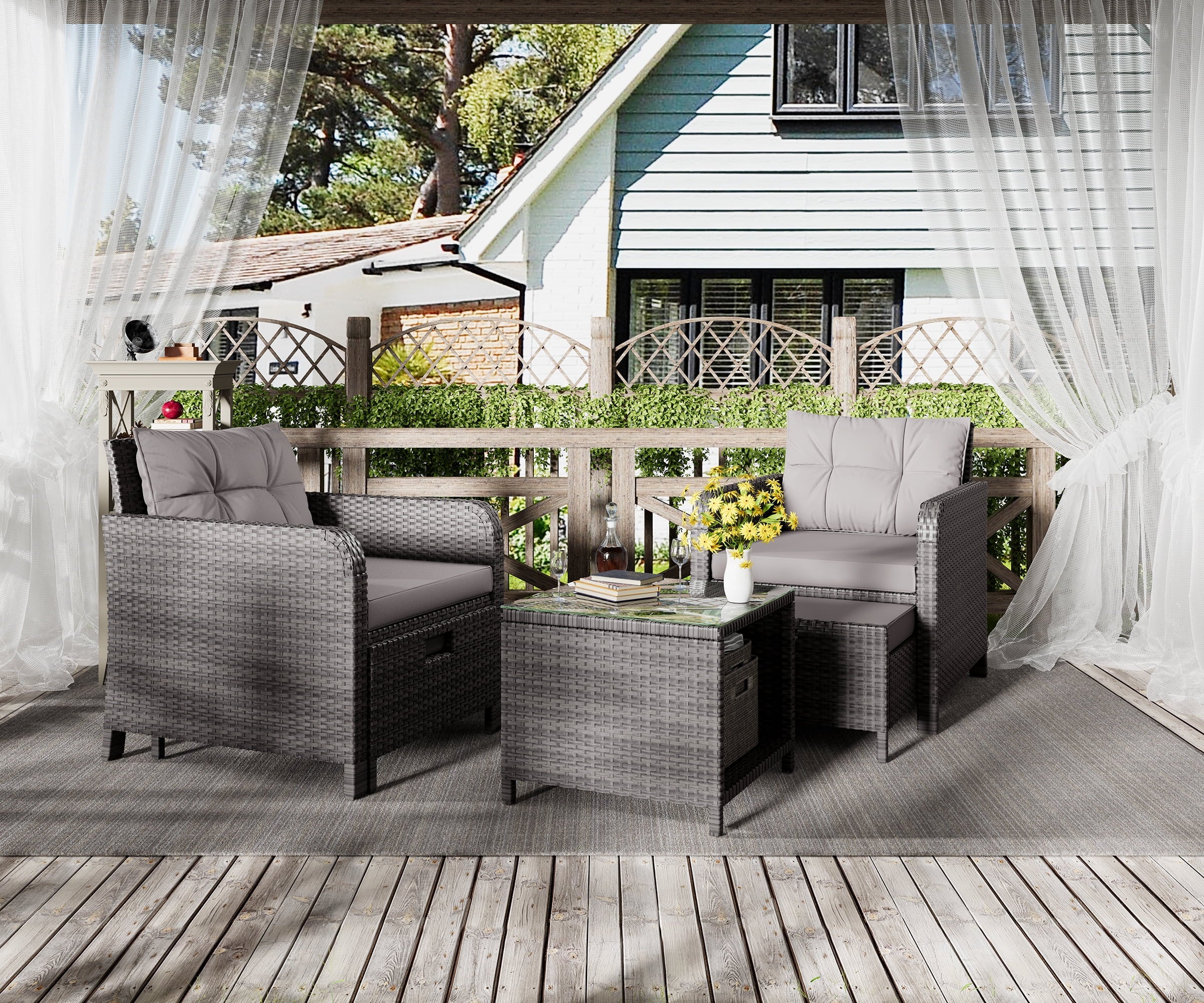 LHBcraft Balcony Furniture 5 Piece Patio Conversation Set, PE Wicker Rattan Outdoor Lounge Chairs with Soft Cushions 2 Ottoman&Glass Table for Porch