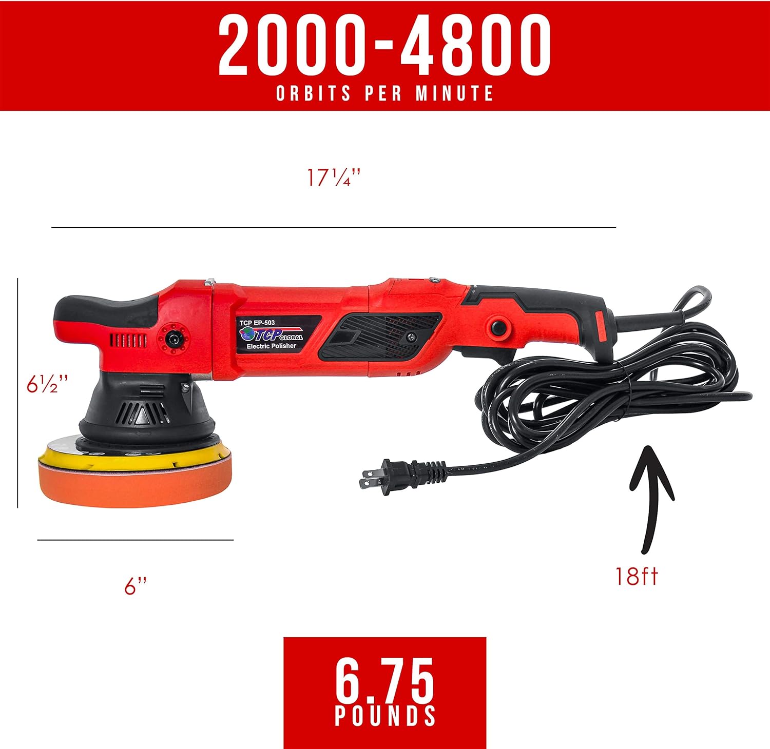 TCP Global Heavy Duty 6 Variable Speed Random Orbit Dual-Action Polisher, Digital OPM Display - Professional High Performance Buffer
