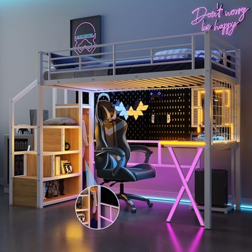 Modern Full Size Gaming Loft Bed with Built-in Desk and Storage Wardrobe, Wood Loft Bed Frame with Light Strip and 2 Drawers