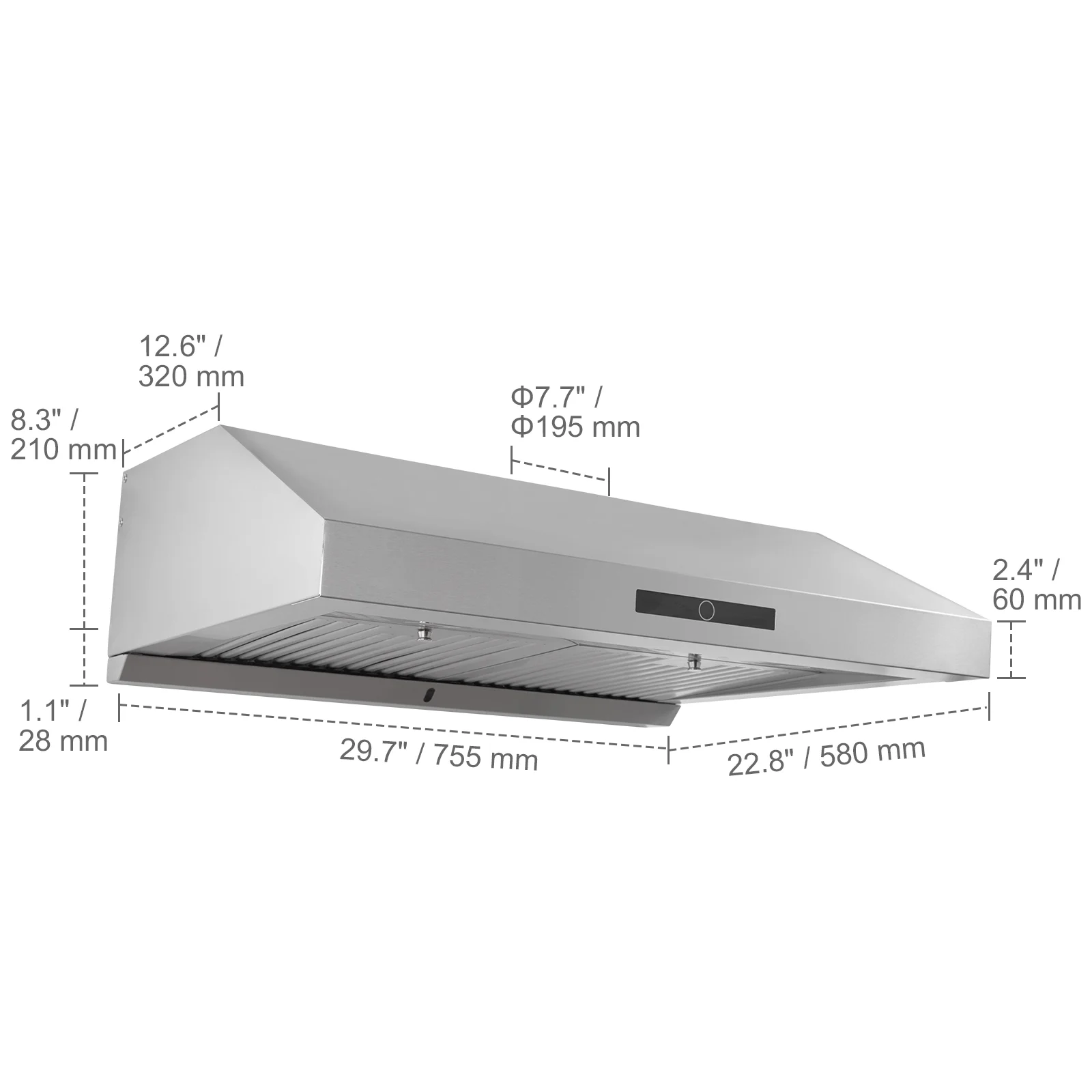 SKYSHALO 30" Under Cabinet Range Hood Ductless Kitchen Vent Stainless Steel LED