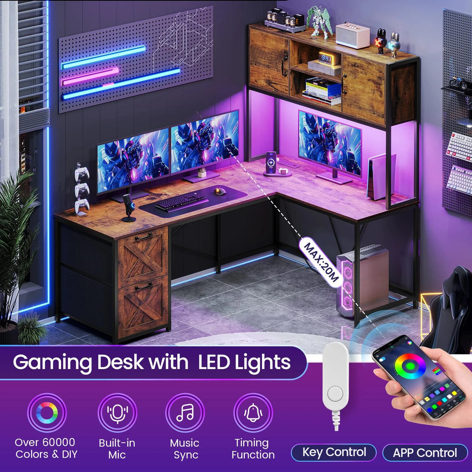 L Shaped Desk with Fabric Drawers and Power Outlet, Home Office Desk with LED Lights, Rustic Brown