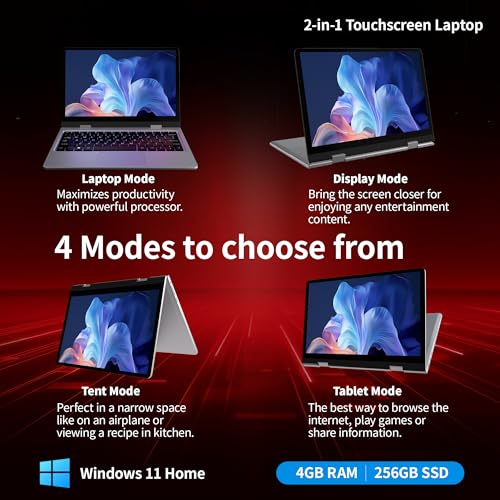 2 in 1 Laptop Computers Windows 11, 11.6 inch Touchscreen Laptop Tablet, 4GB RAM 256 GB SSD