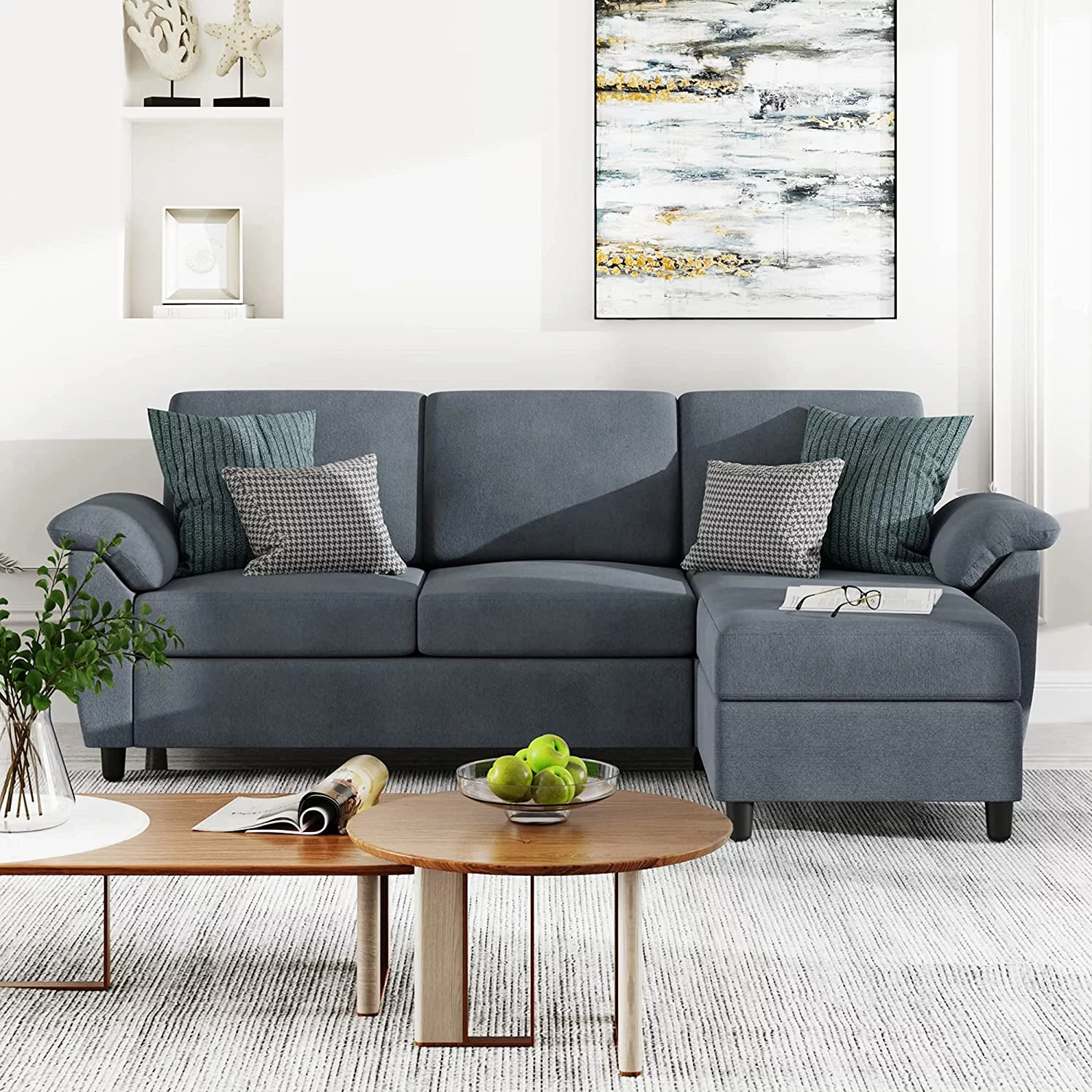 Walsunny 79 Convertible Sectional Sofa Couch,Linen Fabric L Shaped Sofa with Removable Pillows Dark Gray