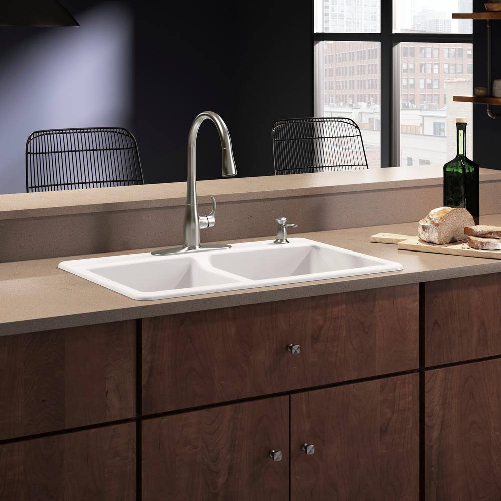 Kohler Brookfield Drop-in Cast-Iron 33 in. 4-Hole Double Bowl Kitchen Sink with Simplice Faucet in White