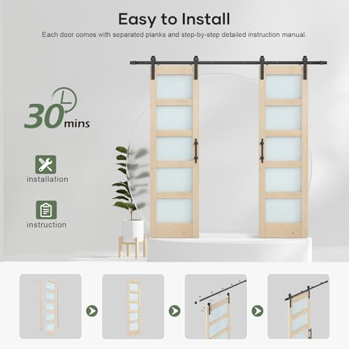 42x84 inch Glass Sliding Barn Door Slab with 7ft Hardware Kit Included, 5-Panel Frosted Glass, Spruce Wood Support DIY Dyeing, Easy Assembly