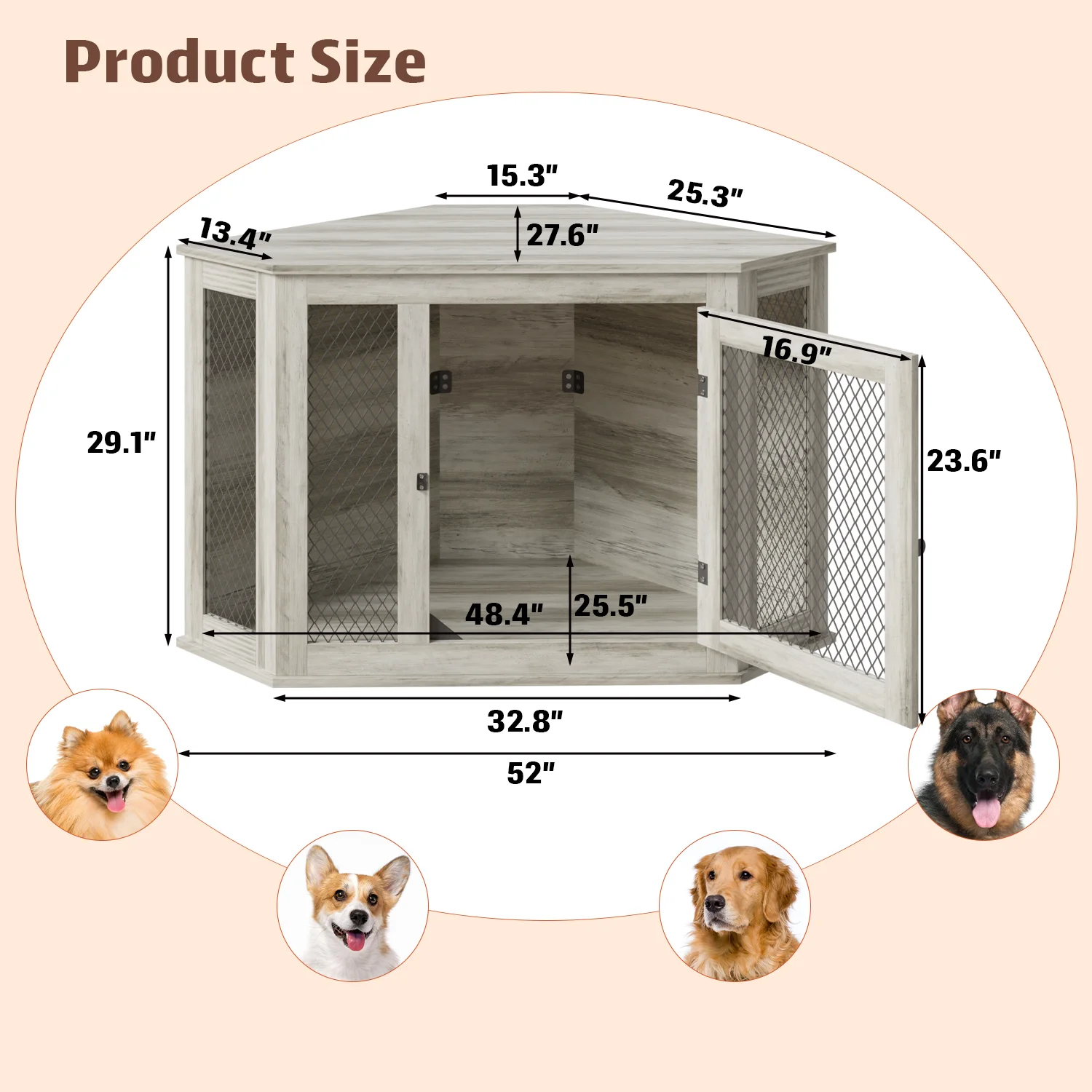 Bossin 44"Corner Dog Crate Furniture，Wooden Dog Kennel Indoor Furniture，Decorative Dog Crate